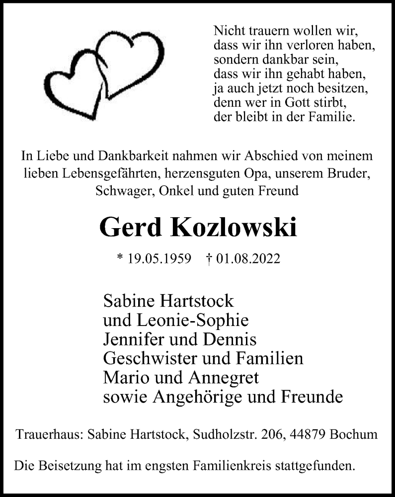 Traueranzeige für Gerd Kozlowski vom 20.08.2022 aus WVW Anzeigenblätter