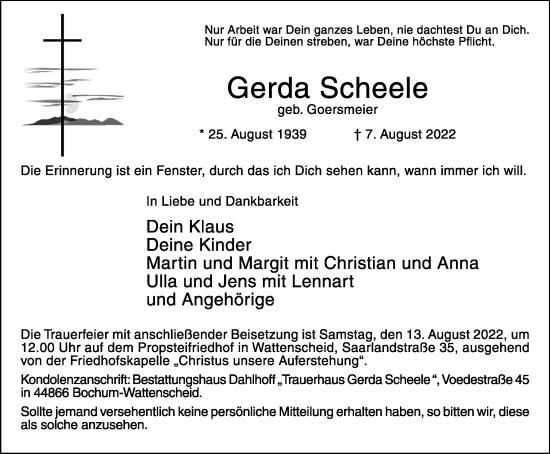 Traueranzeige von Gerda Scheele von WVW Anzeigenblätter