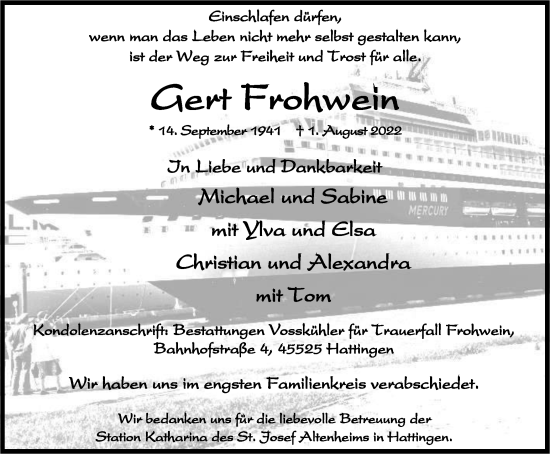 Traueranzeige von Gert Frohwein von WVW Anzeigenblätter