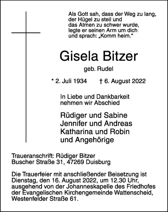 Traueranzeige von Gisela Bitzer von WVW Anzeigenblätter