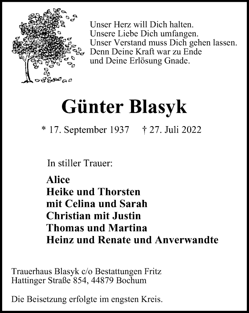  Traueranzeige für Günter Blasyk vom 06.08.2022 aus WVW Anzeigenblätter