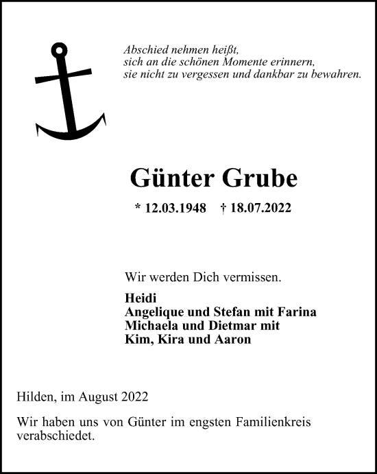 Traueranzeige von Günter Grube von WVW Anzeigenblätter