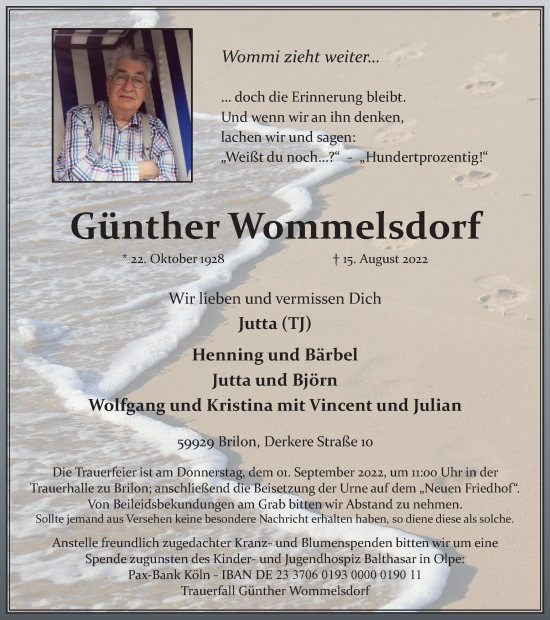 Traueranzeige von Günther Wommelsdorf von WVW Anzeigenblätter
