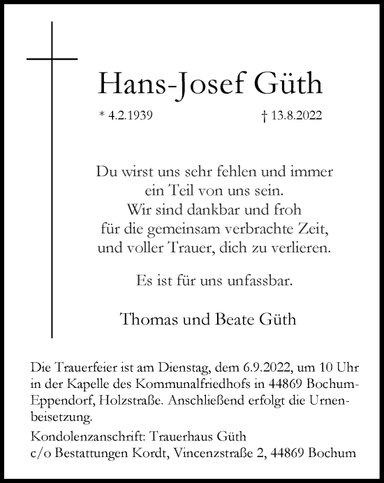 Traueranzeige von Hans-Josef Güth von WVW Anzeigenblätter