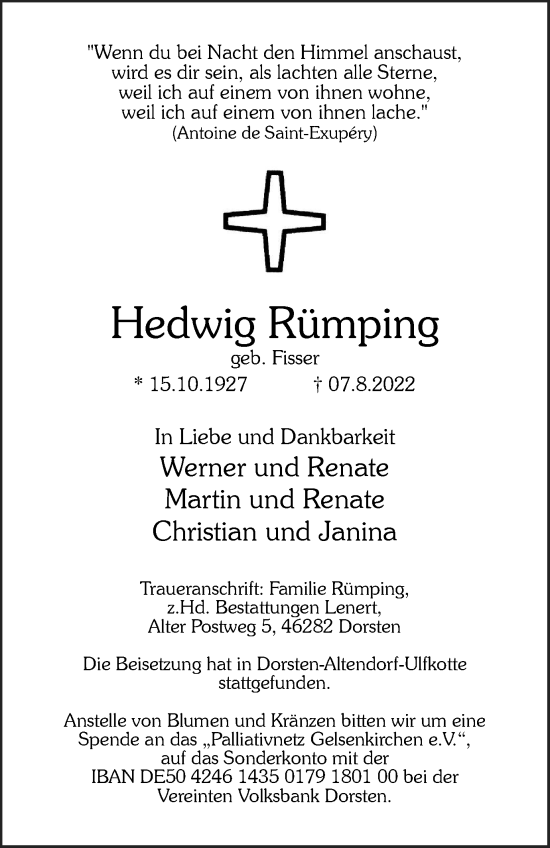 Traueranzeige von Hedwig Rümping von WVW Anzeigenblätter