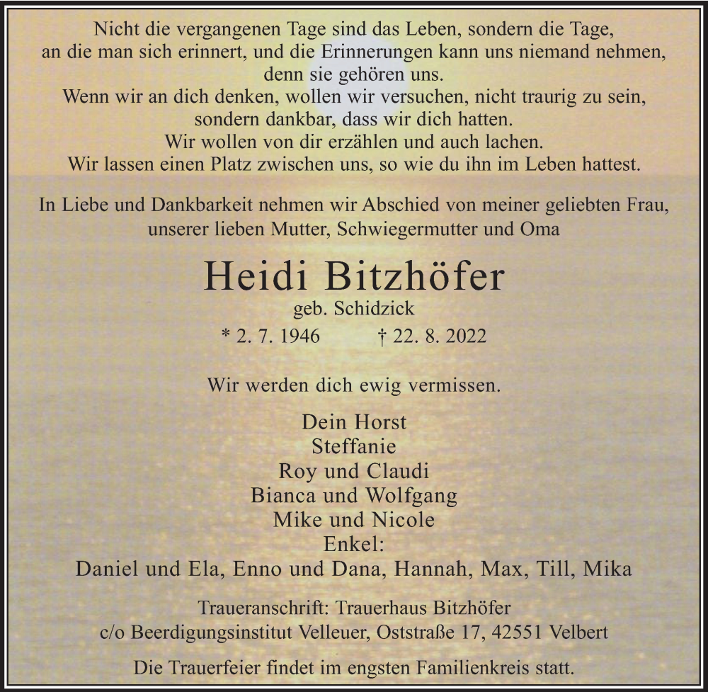  Traueranzeige für Heidi Bitzhöfer vom 27.08.2022 aus WVW Anzeigenblätter