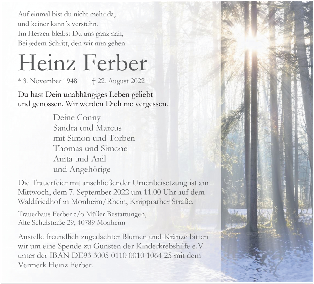 Traueranzeigen von Heinz Ferber TrauerinNRW.de