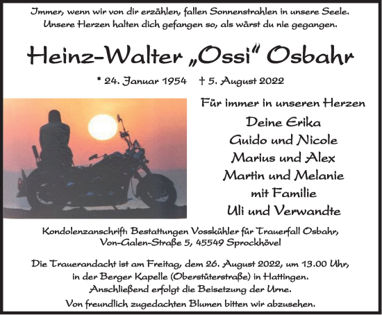 Traueranzeige von Heinz-Walter Osbahr von WVW Anzeigenblätter