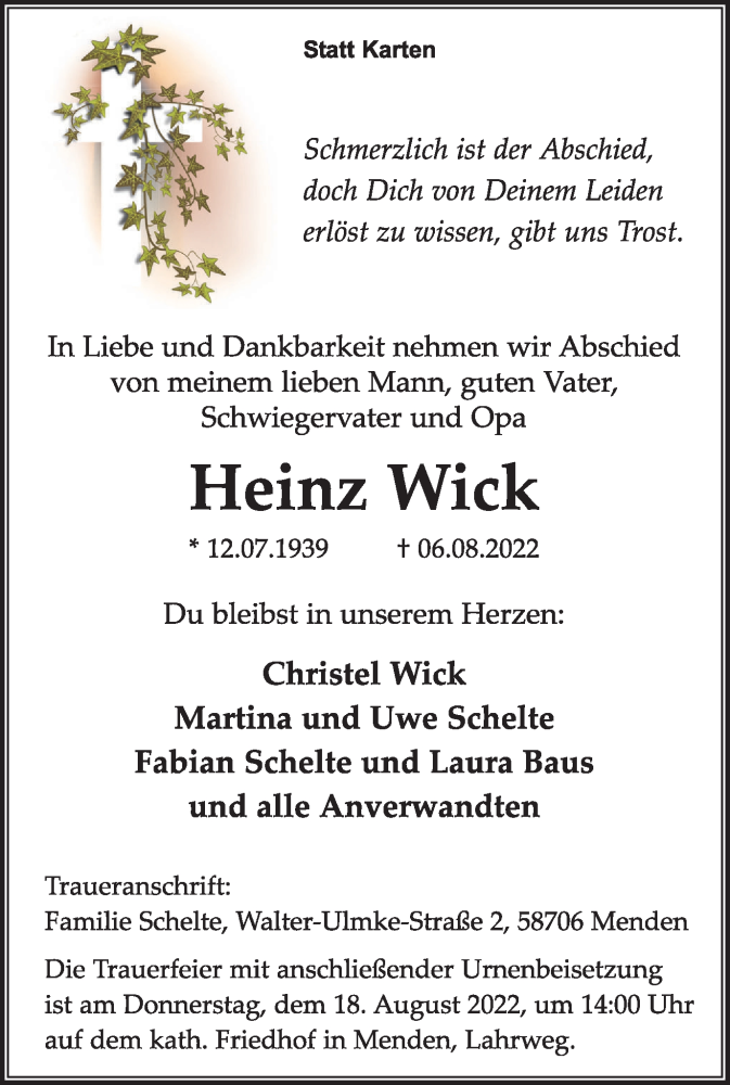  Traueranzeige für Heinz Wick vom 13.08.2022 aus WVW Anzeigenblätter