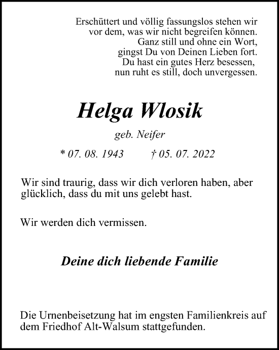 Traueranzeige von Helga Wlosik von WVW Anzeigenblätter