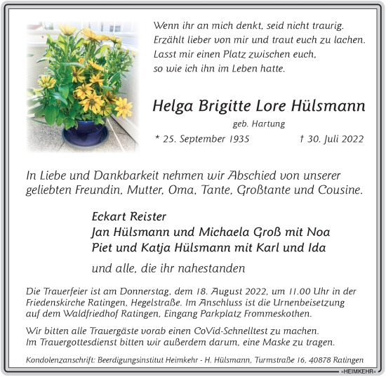 Traueranzeige von Helga Brigitte Lore Hülsmann von WVW Anzeigenblätter