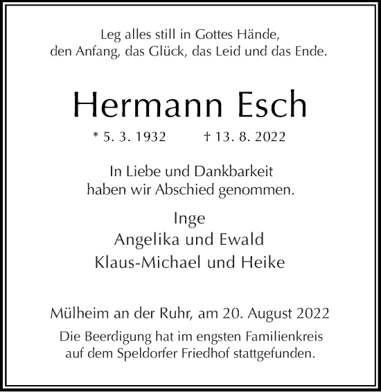 Traueranzeige von Hermann Esch von WVW Anzeigenblätter