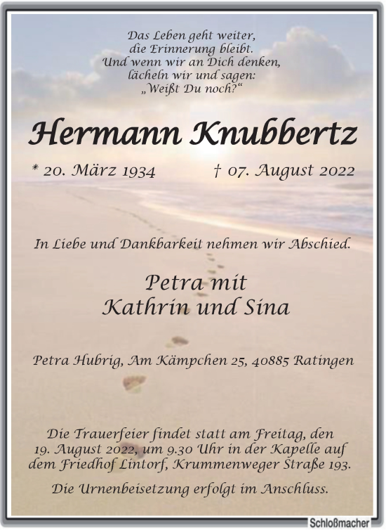 Traueranzeige von Hermann Knubbertz von WVW Anzeigenblätter