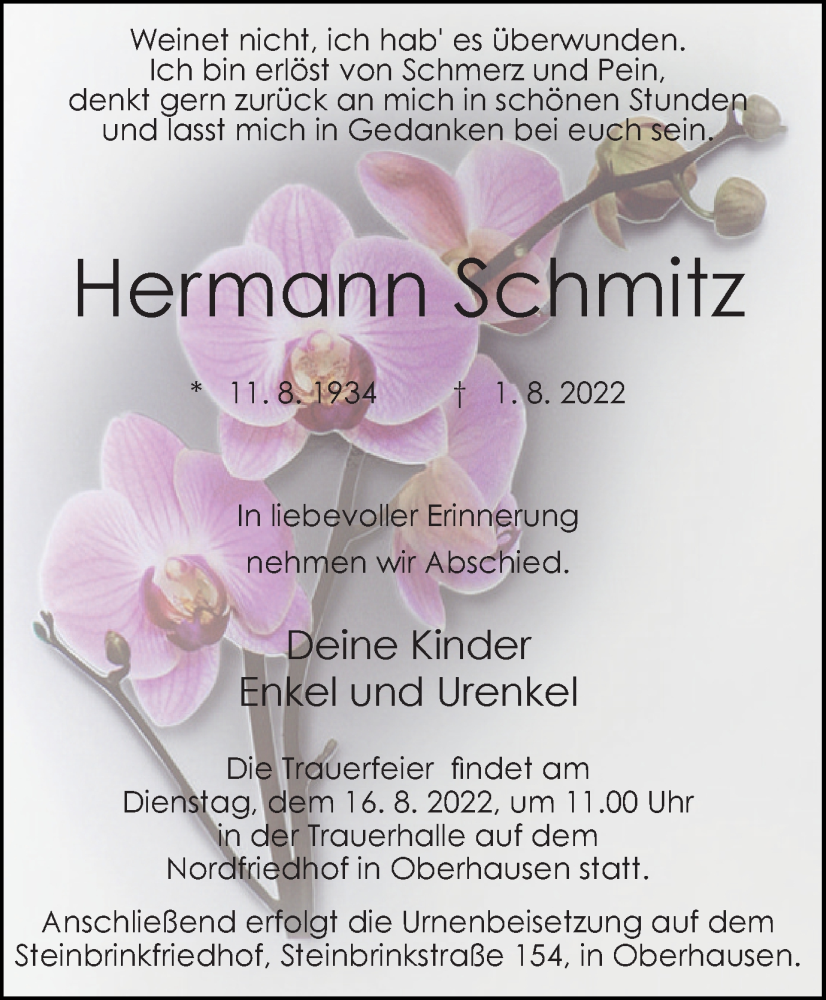  Traueranzeige für Hermann Schmitz vom 06.08.2022 aus WVW Anzeigenblätter