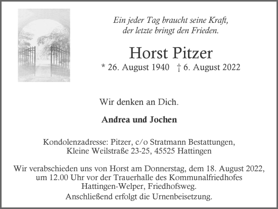Traueranzeige von Horst Pitzer von WVW Anzeigenblätter