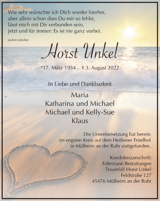 Traueranzeige von Horst Unkel von WVW Anzeigenblätter