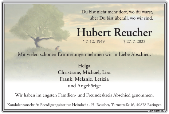 Traueranzeige von Hubert Reucher von WVW Anzeigenblätter