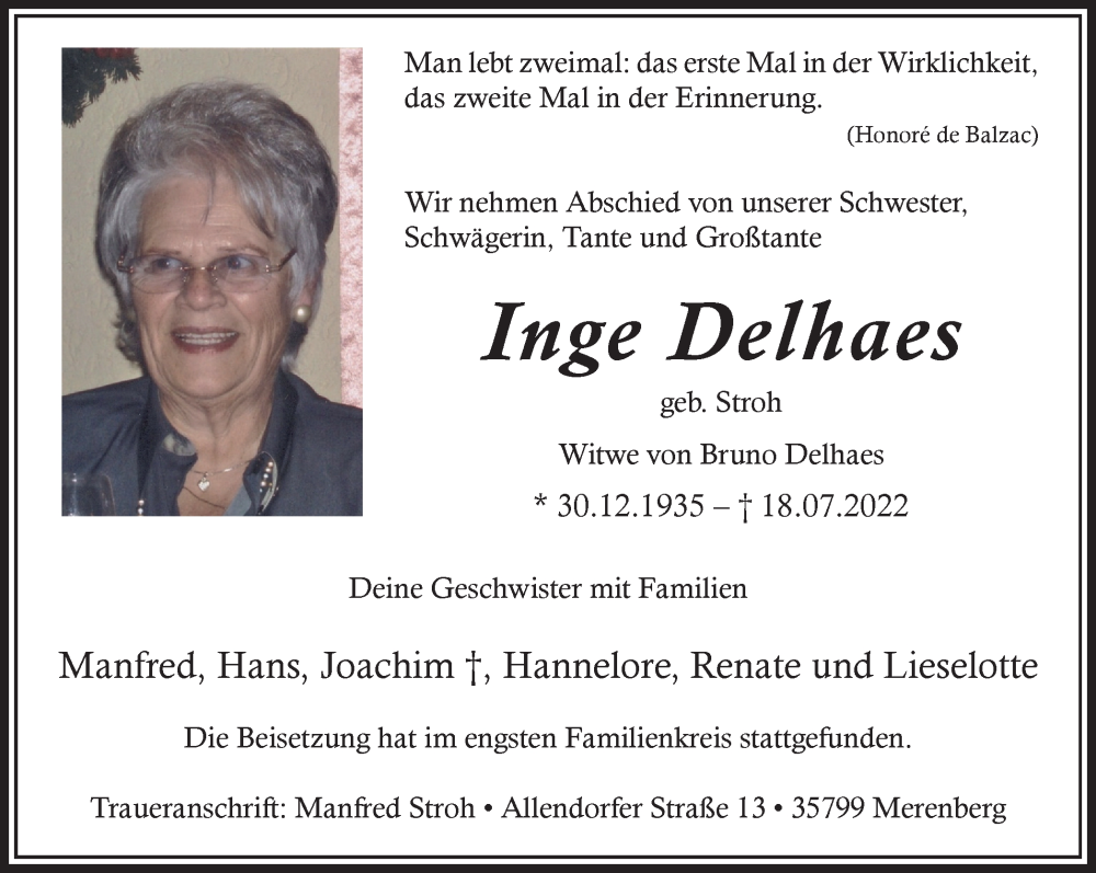  Traueranzeige für Inge Delhaes vom 13.08.2022 aus WVW Anzeigenblätter