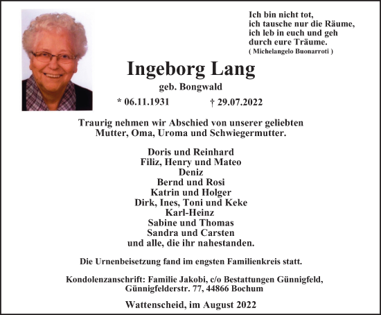 Traueranzeige von Ingeborg Lang von WVW Anzeigenblätter