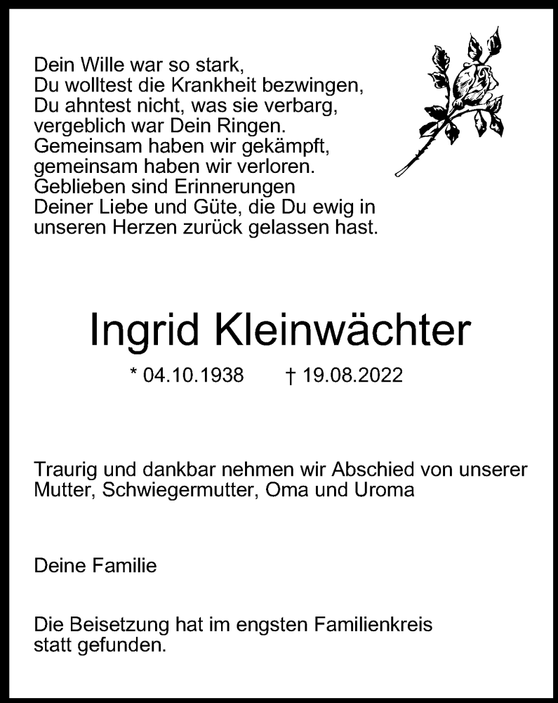 Traueranzeige für Ingrid Kleinwächter vom 27.08.2022 aus WVW Anzeigenblätter
