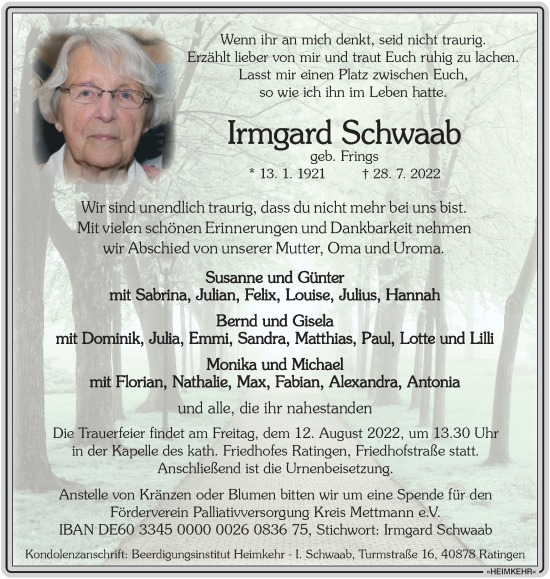 Traueranzeige von Irmgard Schwaab von WVW Anzeigenblätter