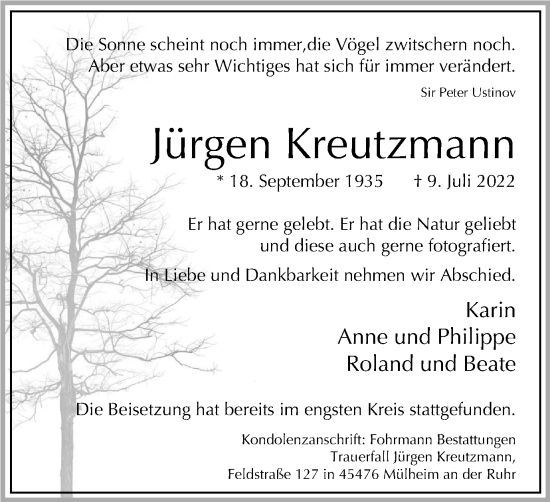 Traueranzeige von Jürgen Kreutzmann von WVW Anzeigenblätter