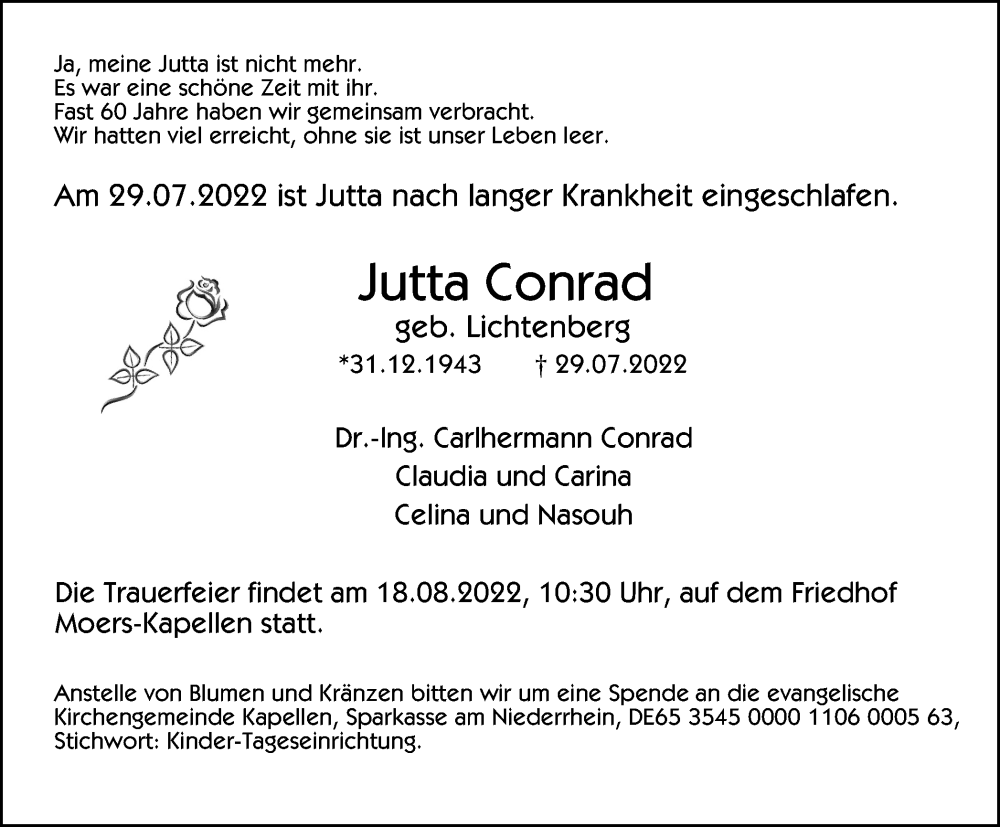  Traueranzeige für Jutta Conrad vom 06.08.2022 aus WVW Anzeigenblätter