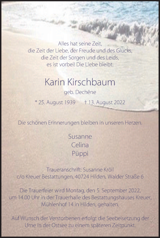 Traueranzeige von Karin Kirschbaum von WVW Anzeigenblätter