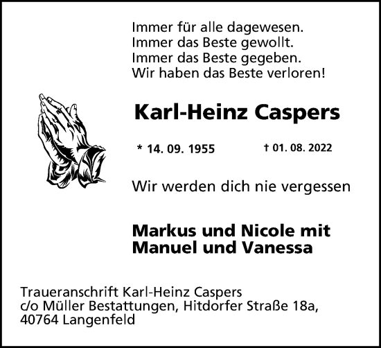 Traueranzeige von Karl-Heinz Caspers von WVW Anzeigenblätter