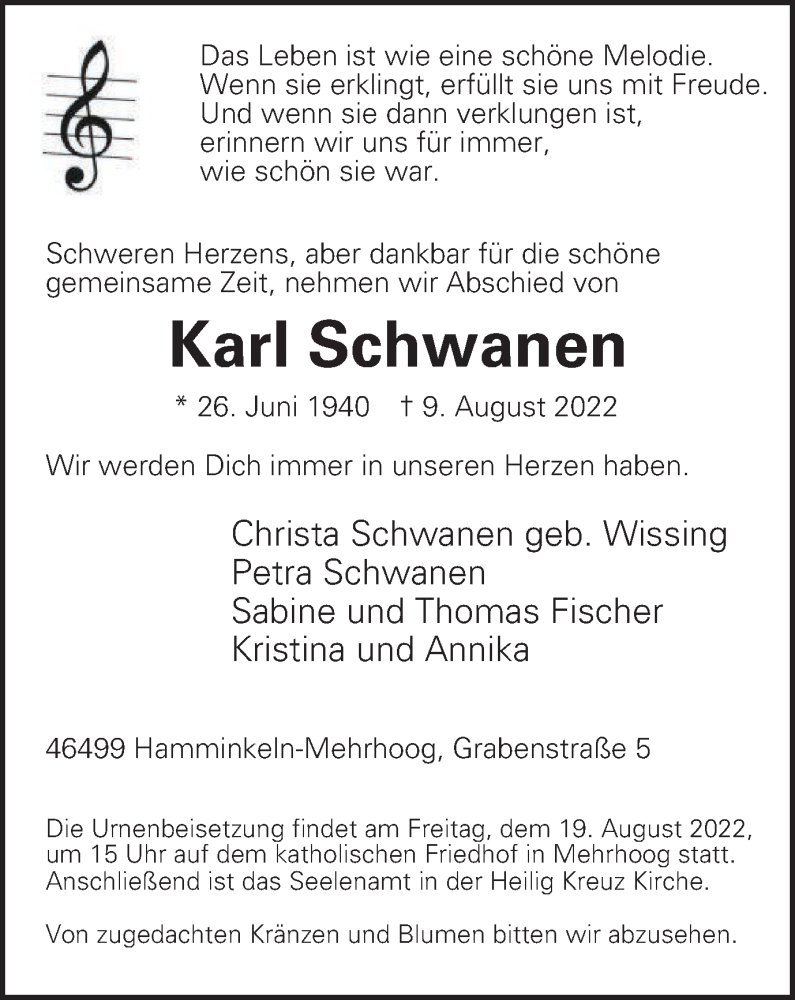  Traueranzeige für Karl Schwanen vom 13.08.2022 aus WVW Anzeigenblätter