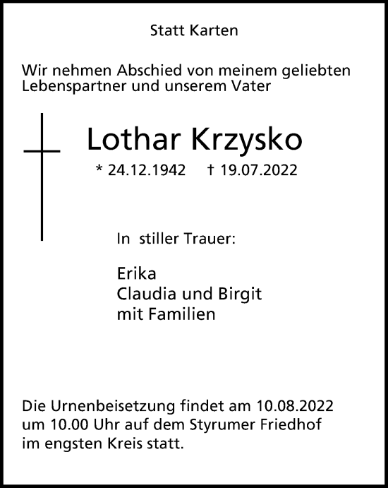 Traueranzeige von Lothar Krzysko von WVW Anzeigenblätter