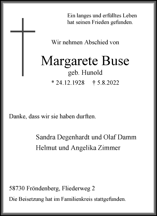 Traueranzeige von Margarete Buse von WVW Anzeigenblätter