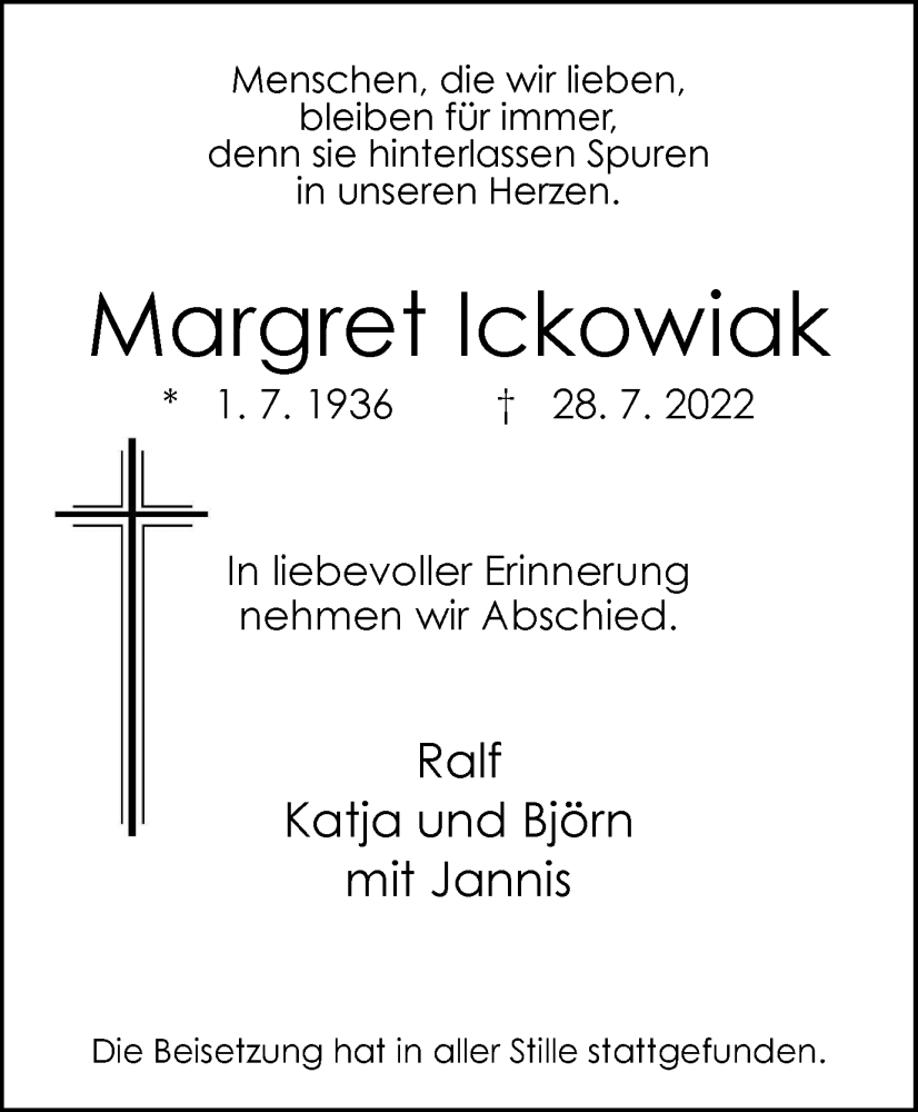  Traueranzeige für Margret Ickowiak vom 06.08.2022 aus WVW Anzeigenblätter