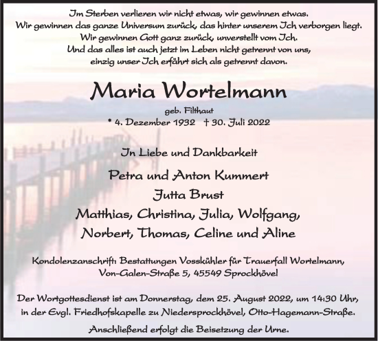 Traueranzeige von Maria Wortelmann von WVW Anzeigenblätter