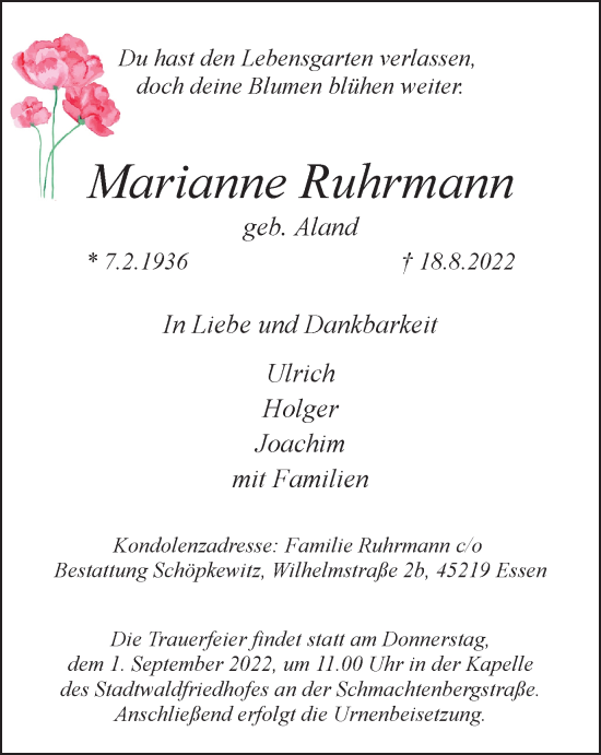 Traueranzeige von Marianne Ruhrmann von WVW Anzeigenblätter