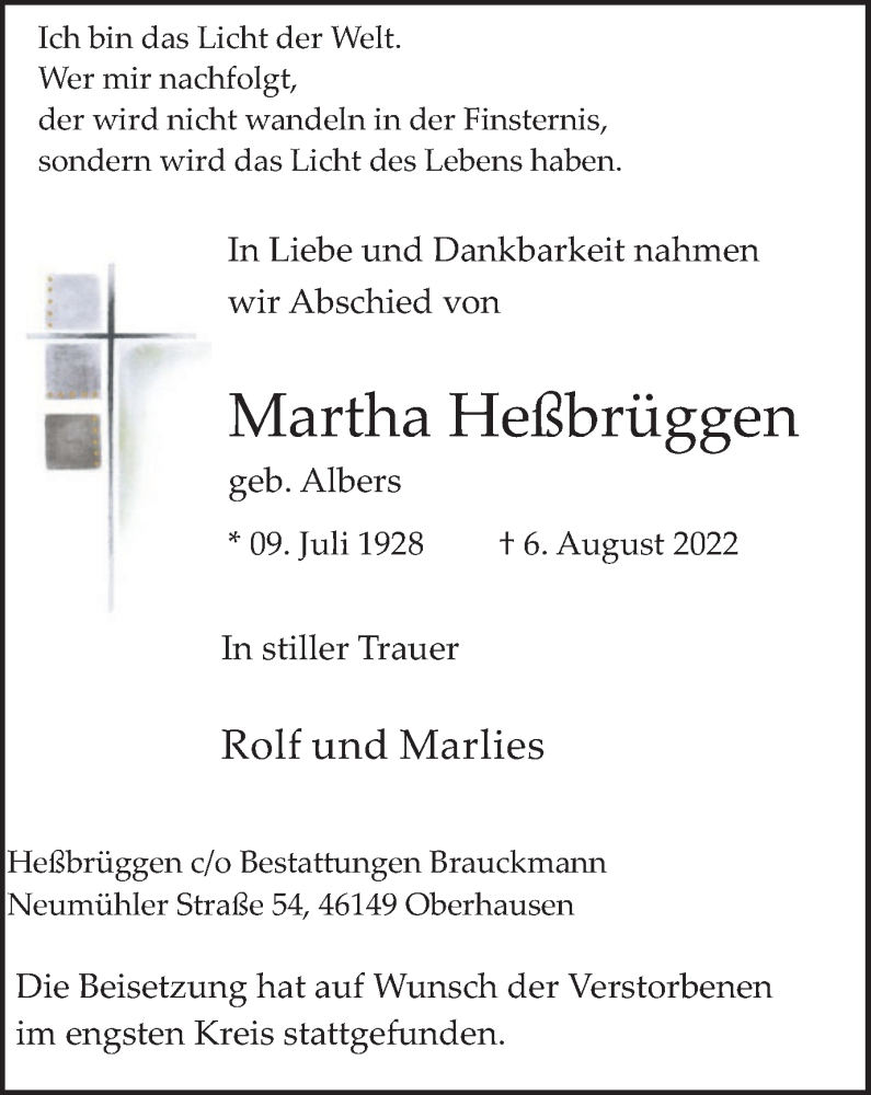  Traueranzeige für Martha Heßbrüggen vom 20.08.2022 aus WVW/ORA