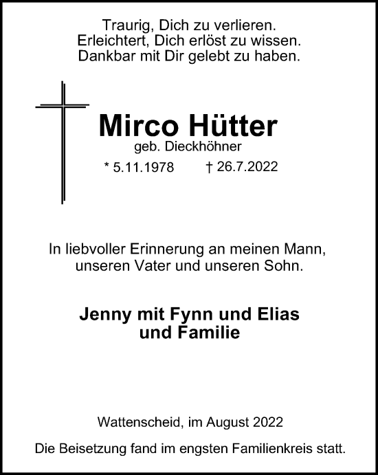 Traueranzeige von Mirco Hütter von WVW Anzeigenblätter