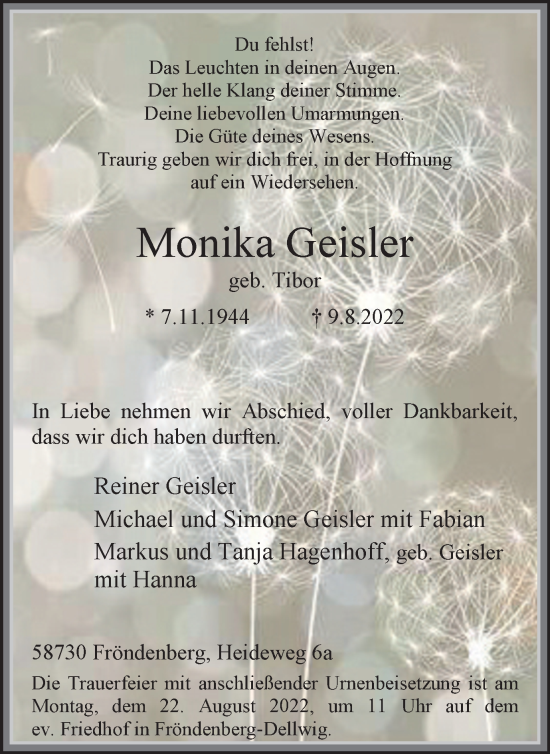 Traueranzeige von Monika Geisler von WVW Anzeigenblätter