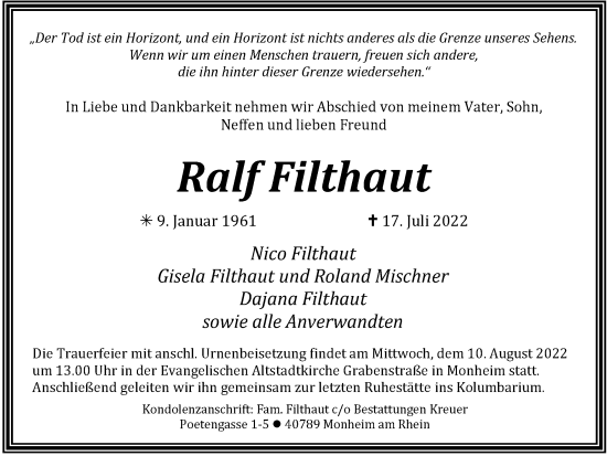 Traueranzeige von Ralf Filthaut von WVW Anzeigenblätter