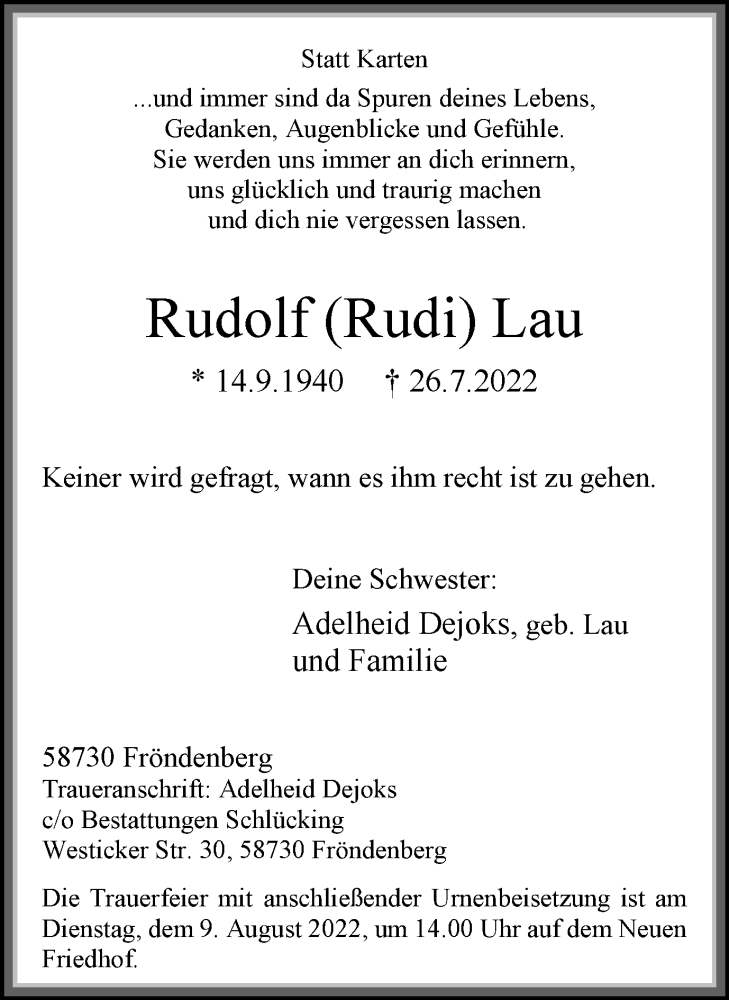  Traueranzeige für Rudolf Lau vom 06.08.2022 aus WVW Anzeigenblätter