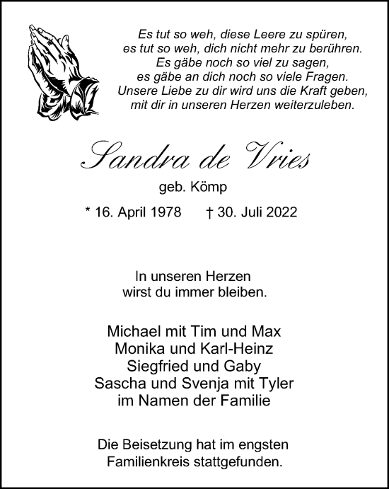 Traueranzeige von Sandra de Vries von WVW Anzeigenblätter