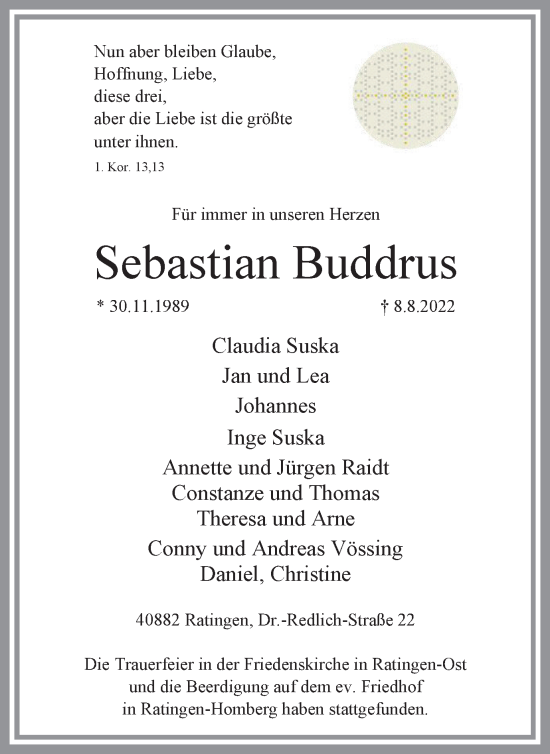 Traueranzeige von Sebastian Buddrus von WVW Anzeigenblätter