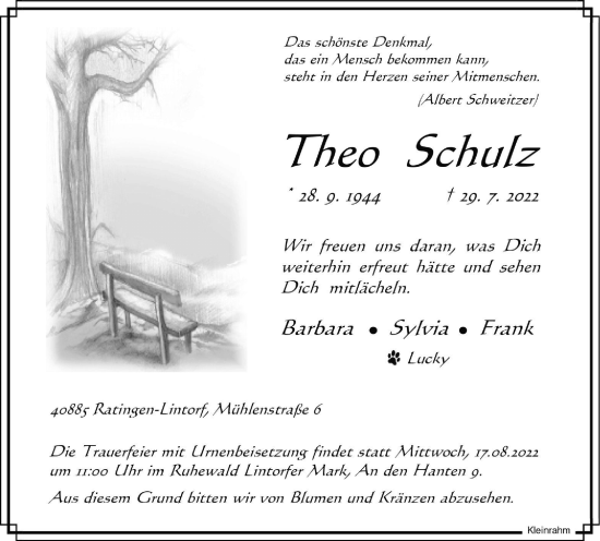Traueranzeige von Theo Schulz von WVW Anzeigenblätter