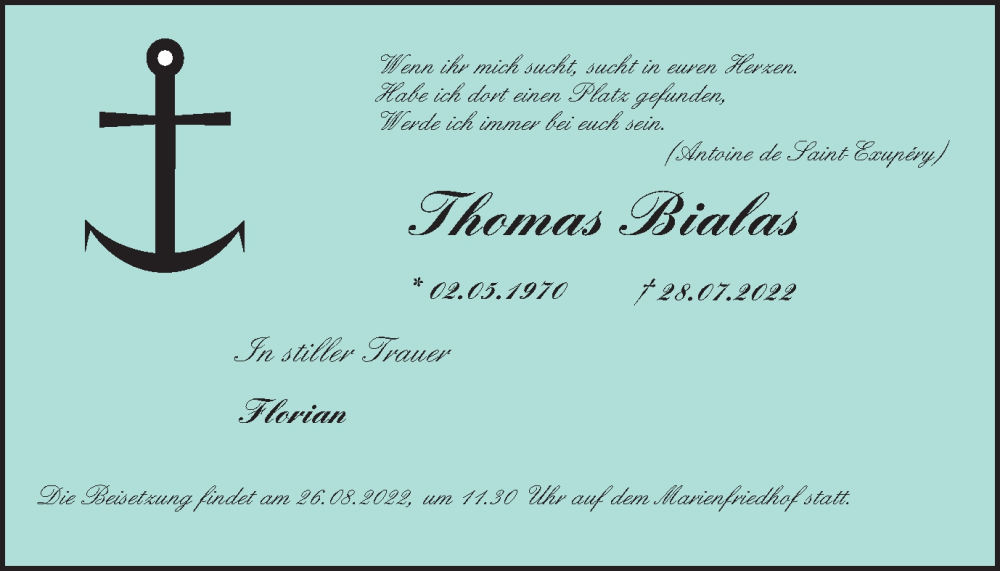  Traueranzeige für Thomas Bialas vom 20.08.2022 aus WVW Anzeigenblätter