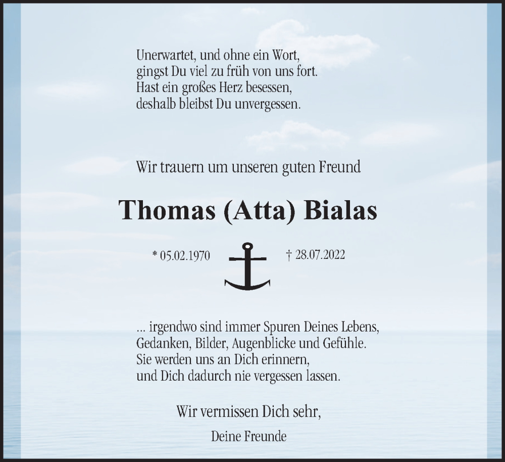  Traueranzeige für Thomas Bialas vom 20.08.2022 aus WVW Anzeigenblätter