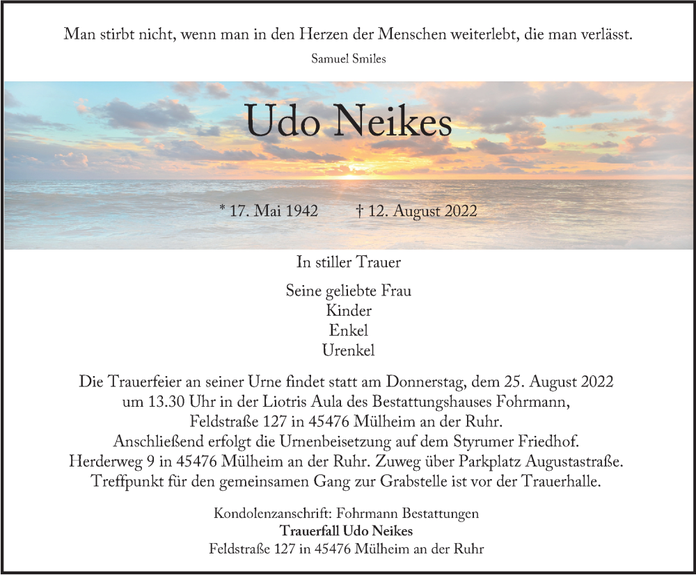 Traueranzeige für Udo Neikes vom 20.08.2022 aus WVW Anzeigenblätter