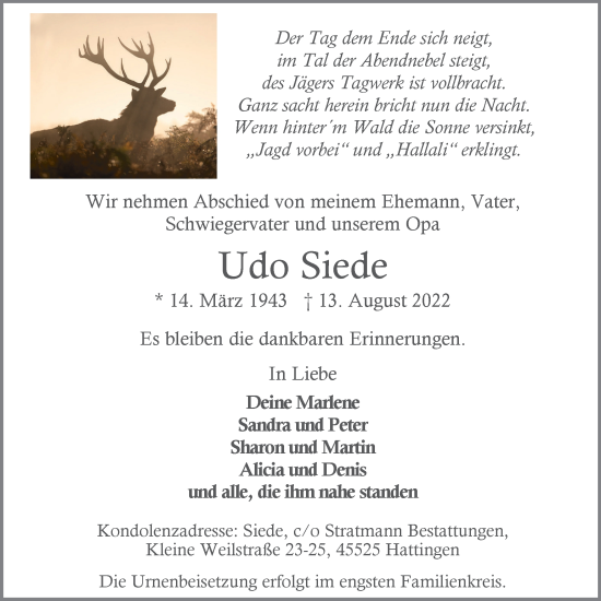 Traueranzeige von Udo Siede von WVW Anzeigenblätter