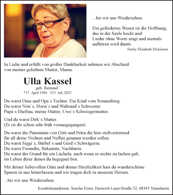 Traueranzeige von Ulla Kassel von WVW Anzeigenblätter