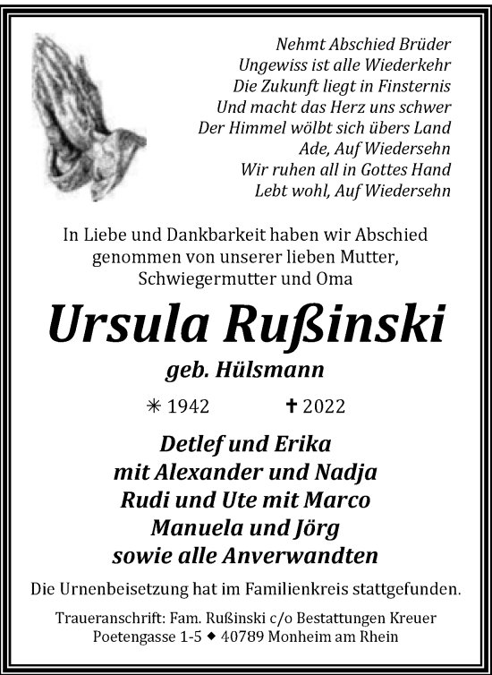 Traueranzeige von Ursula Rußinski von WVW Anzeigenblätter