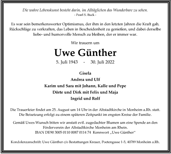 Traueranzeige von Uwe Günther von WVW Anzeigenblätter